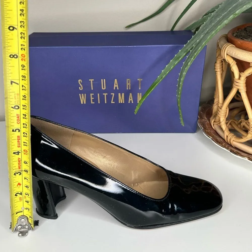 VTG Stuart Weitzman Lex Black Patent Leather Pumps 7.5 AA Block Heel Square Toe - Picture 14 of 15